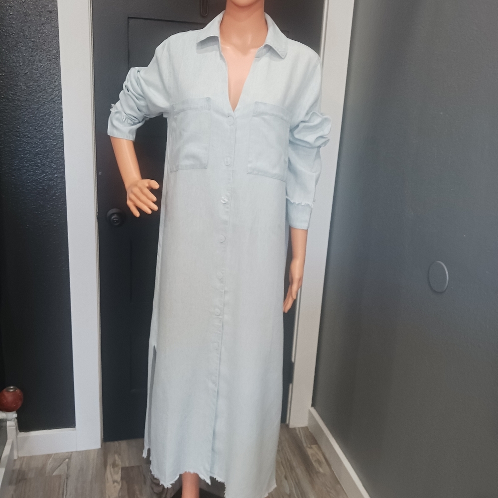 Show Me Your MuMu Wilmington Long Shirt Dress Light Blue Long Sleeve Size S